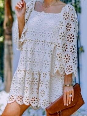 VICI NWOT crochet tiered mini dress in cream